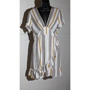 Simplee Striped Mini Dress Wrap Style Ruffle Trim Pom Pom Casual Cute Large